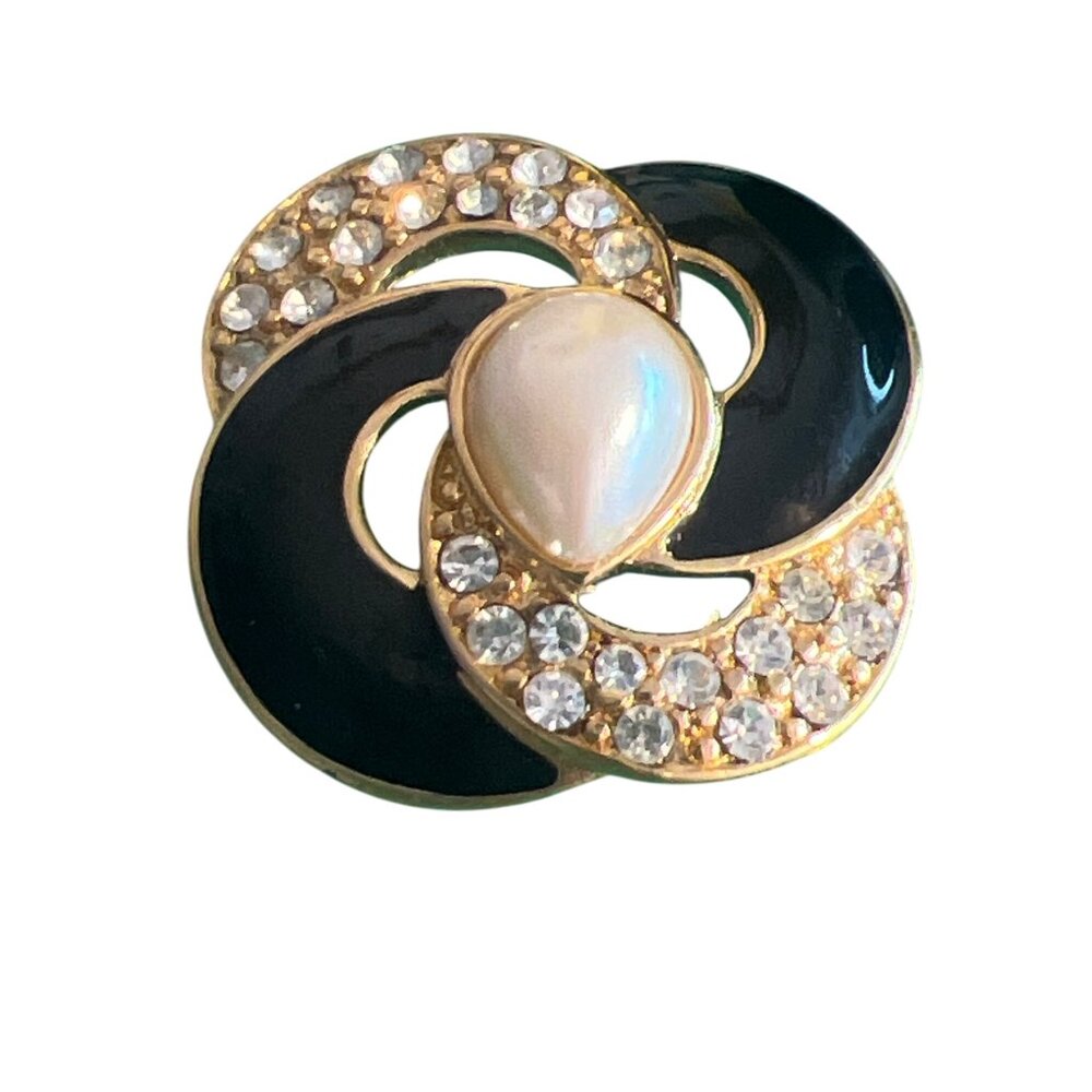 Vintage Monet Pin Brooch Gold Tone Black Enamel Faux Pearl Rhinestones 1.25"